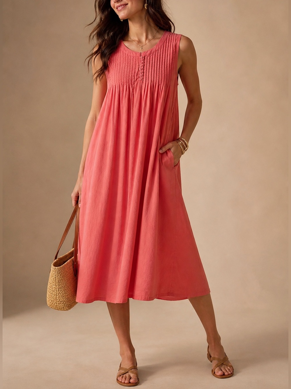 Collections Etc Coral Sleeveless Cotton Pintuck Midi Dress w/ Pockets L Modest